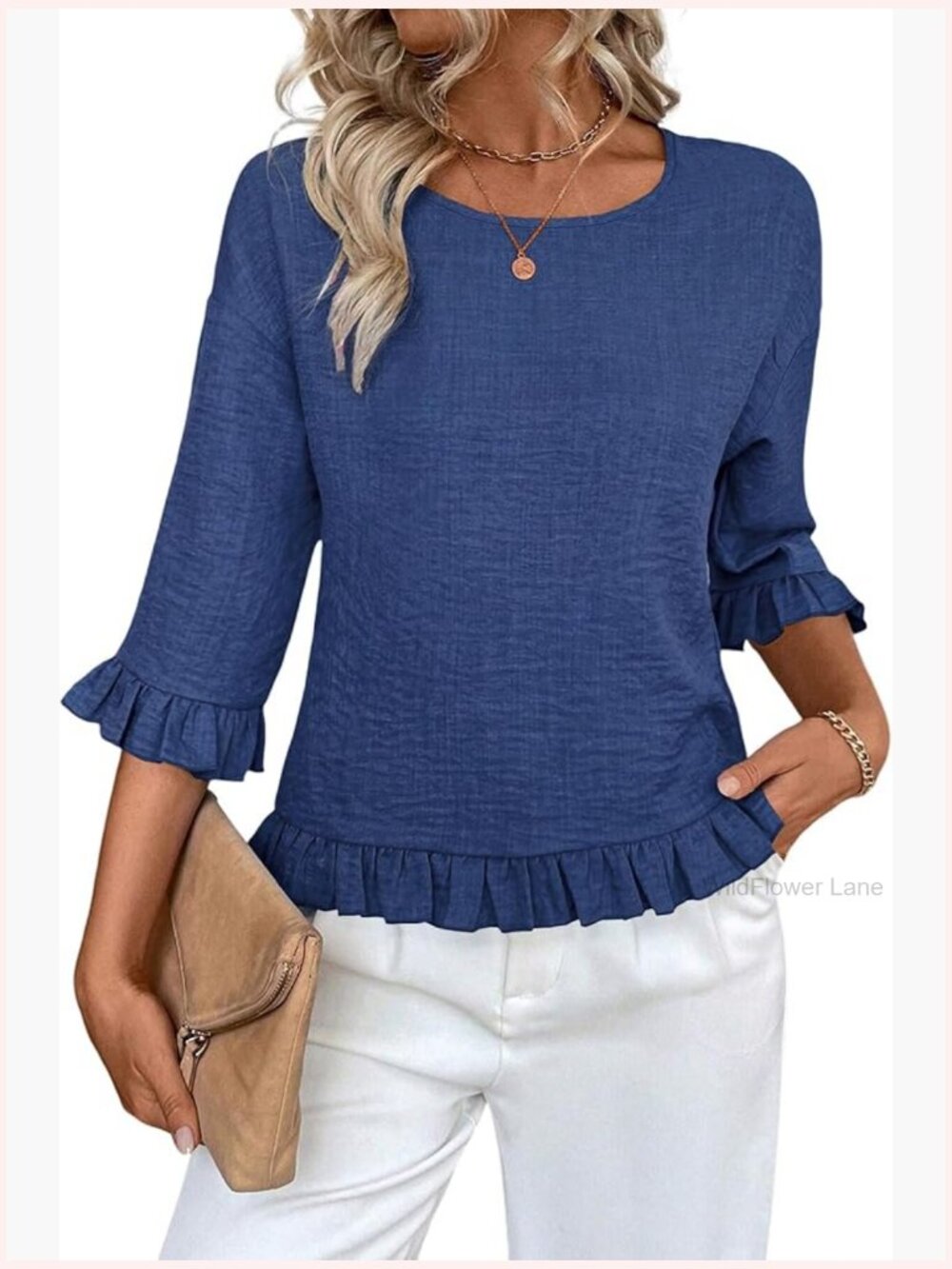 Ruffle 3/4 Sleeve Linen Blend Blouse Crew Neck Drop Shoulder Dressy Casual - Picture 1 of 5